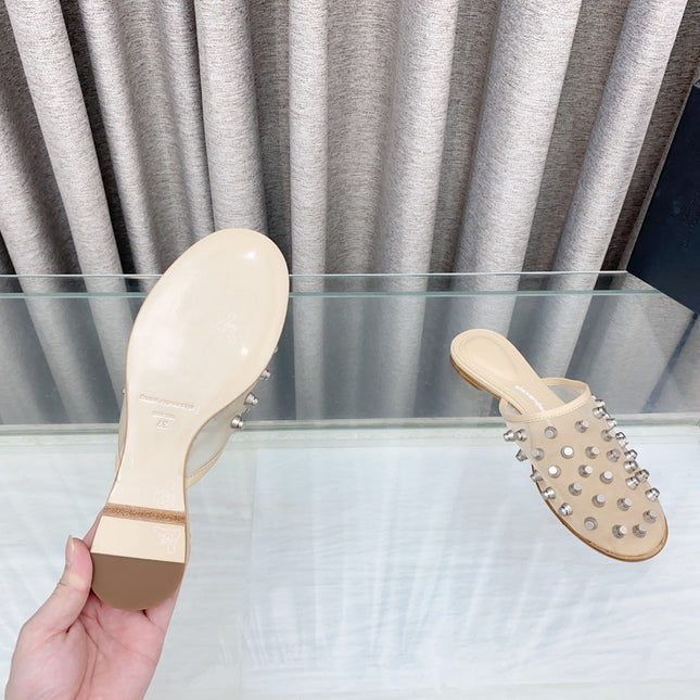 RHODES STUDDED FLAT MULE IN BEIGE MESH UPPER