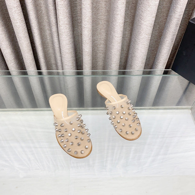 RHODES STUDDED FLAT MULE IN BEIGE MESH UPPER