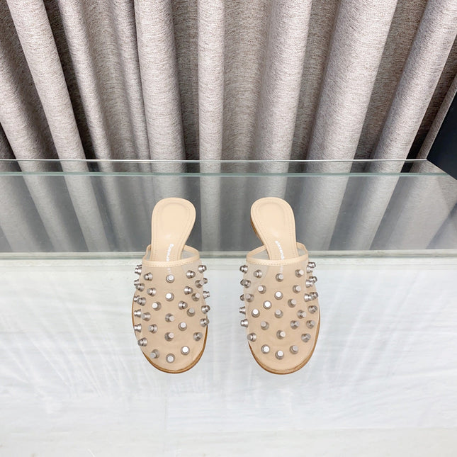RHODES STUDDED FLAT MULE IN BEIGE MESH UPPER
