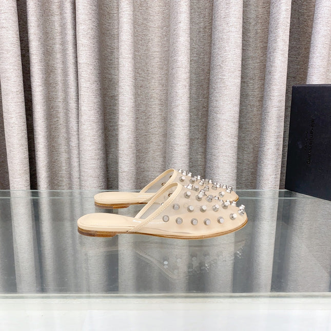 RHODES STUDDED FLAT MULE IN BEIGE MESH UPPER
