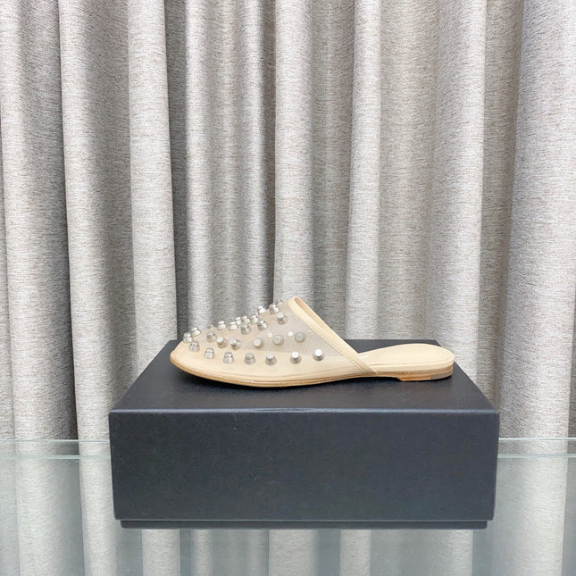 RHODES STUDDED FLAT MULE IN BEIGE MESH UPPER