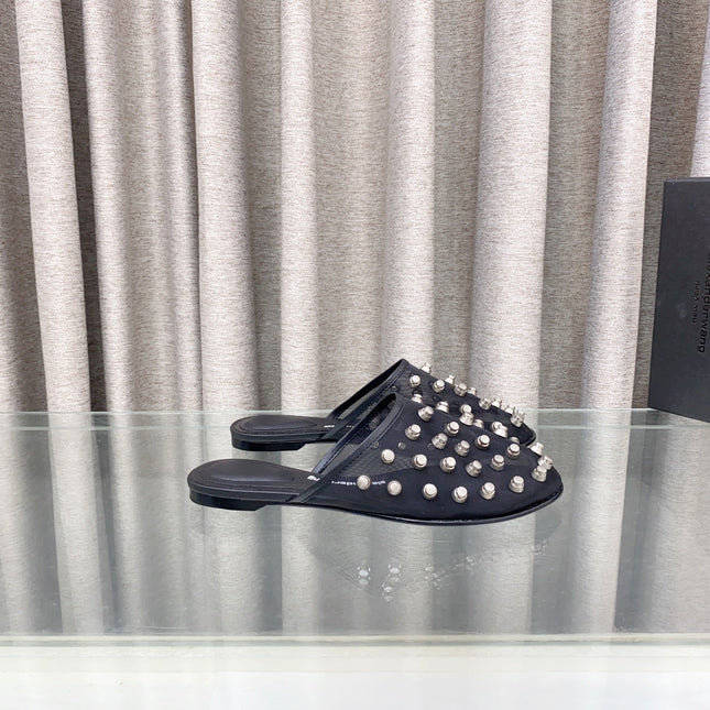 RHODES STUDDED FLAT MULE IN BLACK MESH UPPER