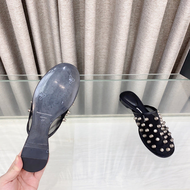 RHODES STUDDED FLAT MULE IN BLACK MESH UPPER
