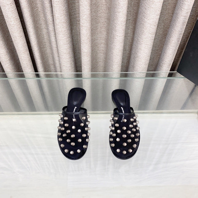RHODES STUDDED FLAT MULE IN BLACK MESH UPPER