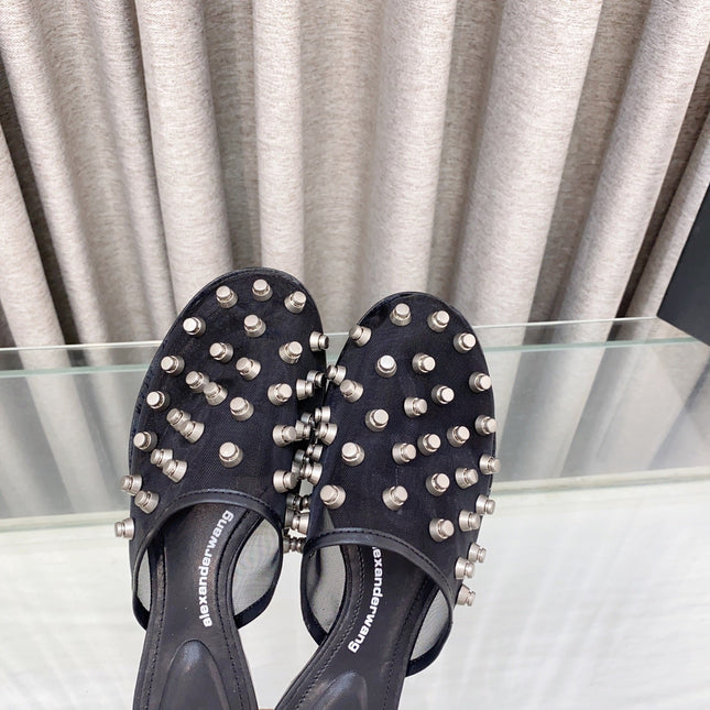 RHODES STUDDED FLAT MULE IN BLACK MESH UPPER
