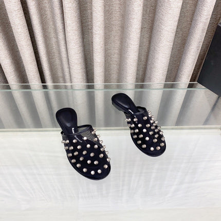 RHODES STUDDED FLAT MULE IN BLACK MESH UPPER