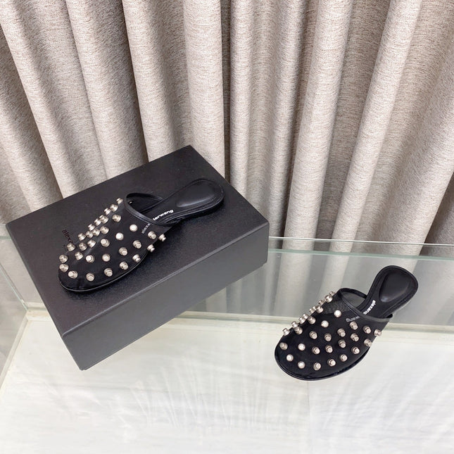 RHODES STUDDED FLAT MULE IN BLACK MESH UPPER