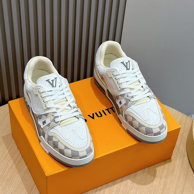 LV TRAINER BEIGE CREAM DAMIER MIX WHITE GRAINED CALFSKIN