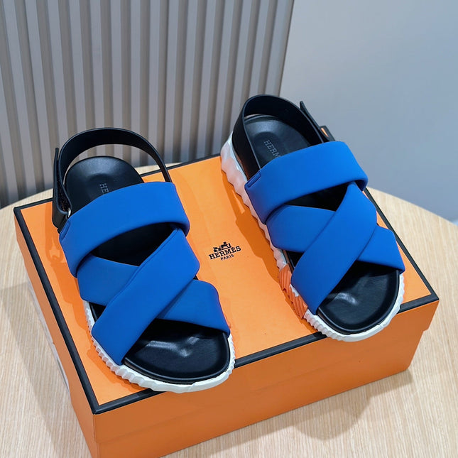 HM ELECTRIC SANDAL COBALT FABRIC AND CALFSKIN