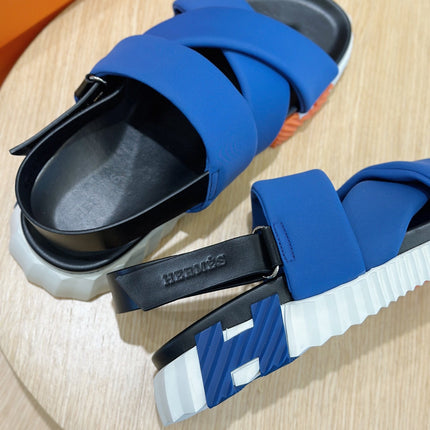 HM ELECTRIC SANDAL COBALT FABRIC AND CALFSKIN