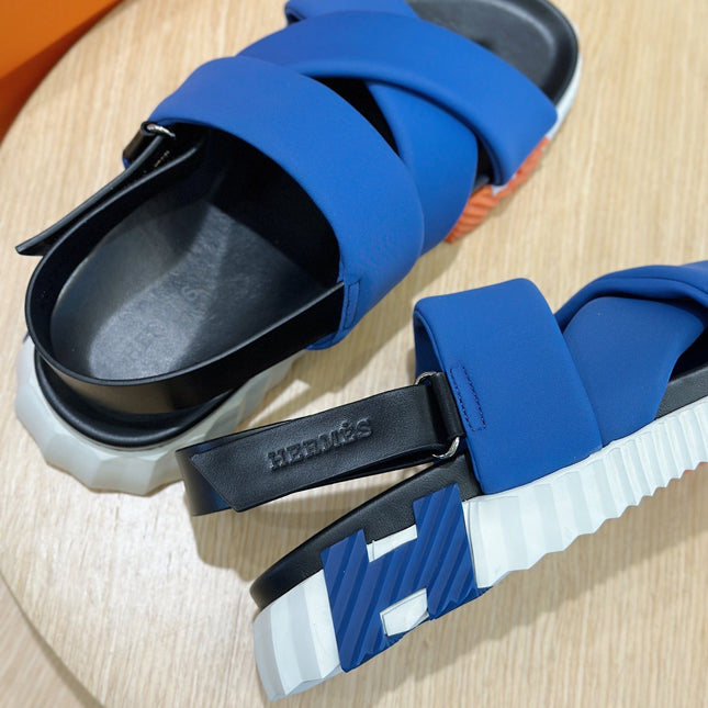 HM ELECTRIC SANDAL COBALT FABRIC AND CALFSKIN