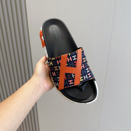 HM SLIPPERS BLACK AND NAVY MONOGRAM CANVAS