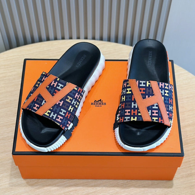 HM SLIPPERS BLACK AND NAVY MONOGRAM CANVAS