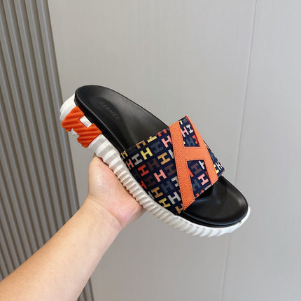 HM SLIPPERS BLACK AND NAVY MONOGRAM CANVAS