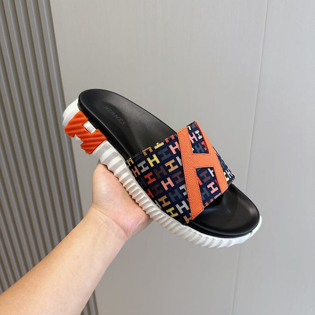 HM SLIPPERS BLACK AND NAVY MONOGRAM CANVAS