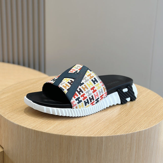 HM SLIPPERS BLACK AND WHITE MONOGRAM CANVAS