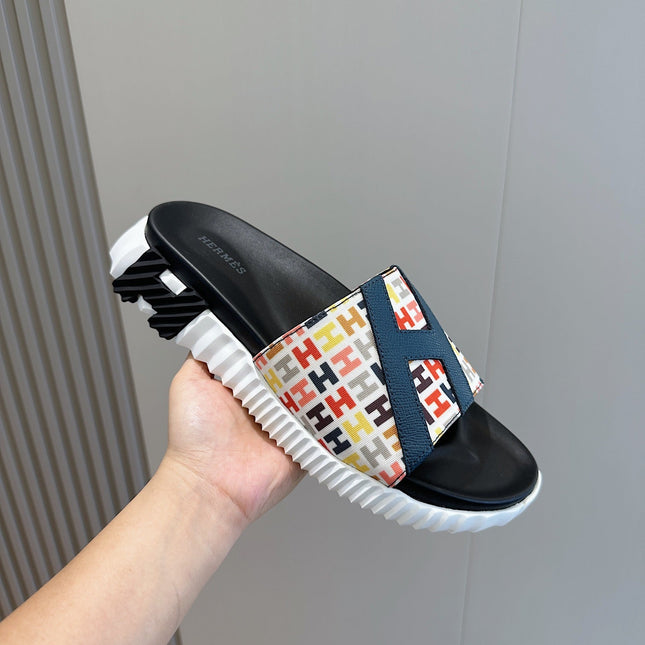 HM SLIPPERS BLACK AND WHITE MONOGRAM CANVAS