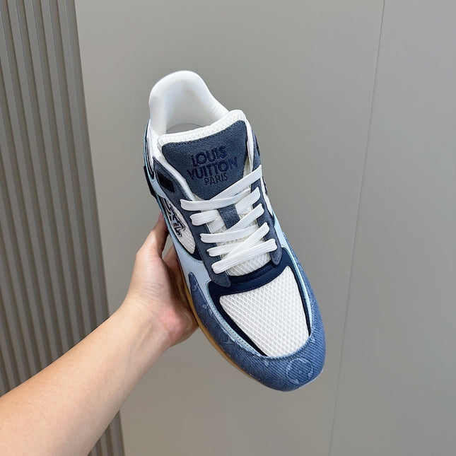LV RUN AWAY SNEAKERS IN CERULEAN BLUE MESH FABRIC AND SUEDE