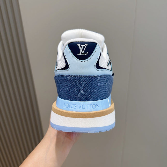 LV RUN AWAY SNEAKERS IN CERULEAN BLUE MESH FABRIC AND SUEDE