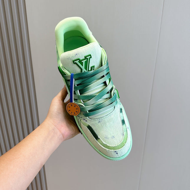 LV TRAINER SNEAKER LIGHT GREEN MONOGRAM DENIM AND CALFSKIN