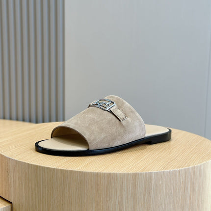 HM SILVER BUCKLE SLIPPERS LIGHT GRAY SUEDE