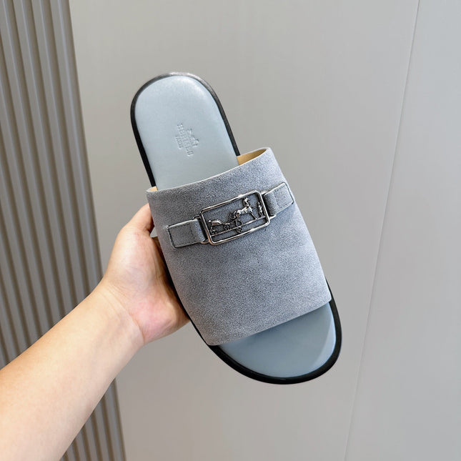 HM SILVER BUCKLE SLIPPERS CERULEAN SUEDE
