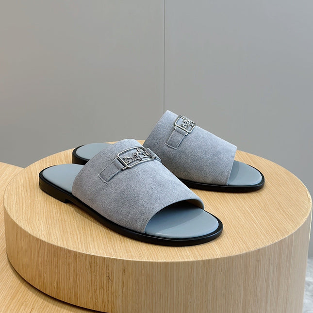 HM SILVER BUCKLE SLIPPERS CERULEAN SUEDE