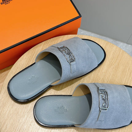 HM SILVER BUCKLE SLIPPERS CERULEAN SUEDE