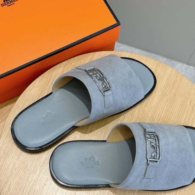 HM SILVER BUCKLE SLIPPERS CERULEAN SUEDE