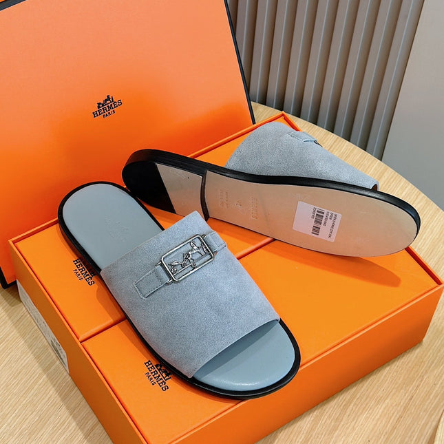 HM SILVER BUCKLE SLIPPERS CERULEAN SUEDE