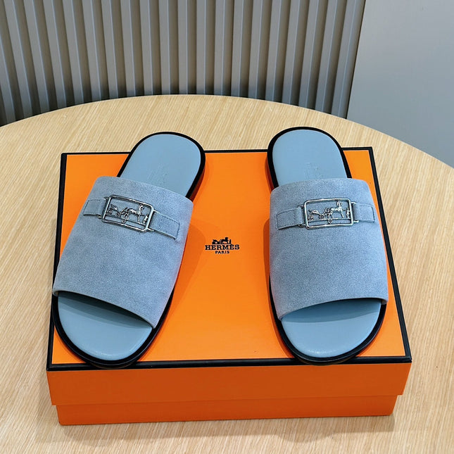 HM SILVER BUCKLE SLIPPERS CERULEAN SUEDE