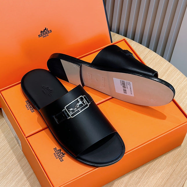 HM SILVER BUCKLE SLIPPERS BLACK CALFSKIN