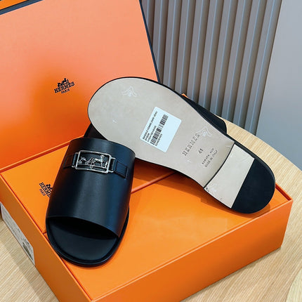 HM SILVER BUCKLE SLIPPERS BLACK CALFSKIN