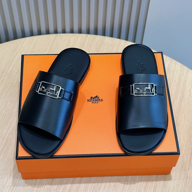HM SILVER BUCKLE SLIPPERS BLACK CALFSKIN