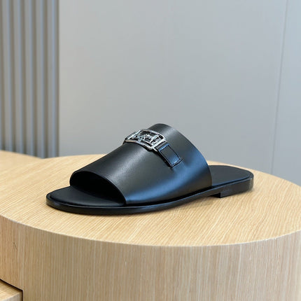 HM SILVER BUCKLE SLIPPERS BLACK CALFSKIN