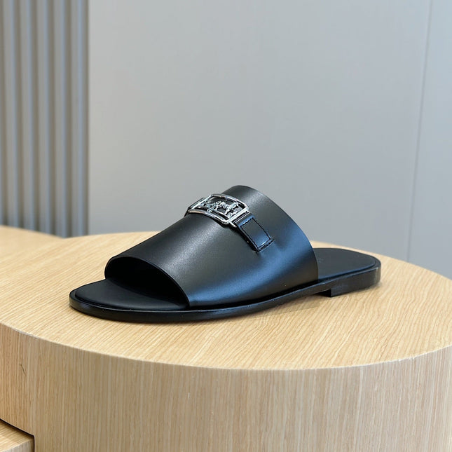 HM SILVER BUCKLE SLIPPERS BLACK CALFSKIN