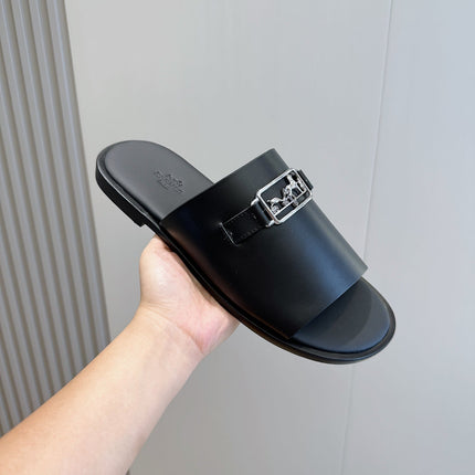 HM SILVER BUCKLE SLIPPERS BLACK CALFSKIN