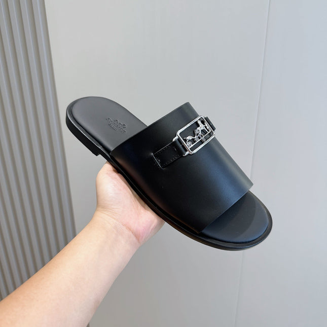 HM SILVER BUCKLE SLIPPERS BLACK CALFSKIN