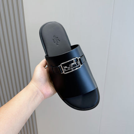 HM SILVER BUCKLE SLIPPERS BLACK CALFSKIN