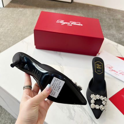 EFFLORESCENCE MULES IN BLACK SATIN