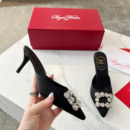 EFFLORESCENCE MULES IN BLACK SATIN