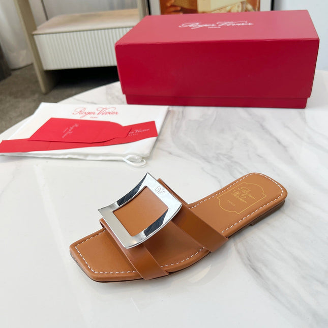 VIV' BY THE SEA MULES IN BRONZE BROWN CALFSKIN SILVER BUCKLE