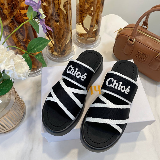 WOODY WEDGE SANDALS IN BLACK MIX WHITE CANVAS WITH RUBBER SOLE