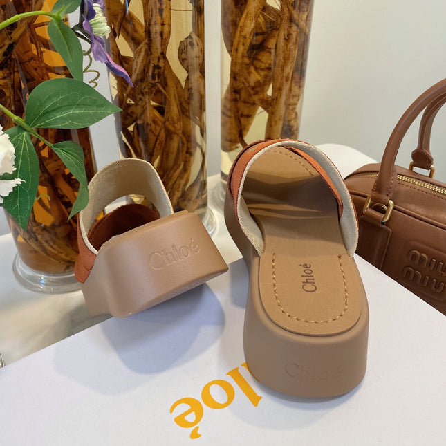 WOODY WEDGE SANDALS IN BRONZE BROWN CANVAS WITH CIDER BROWN RUBBER SOLE