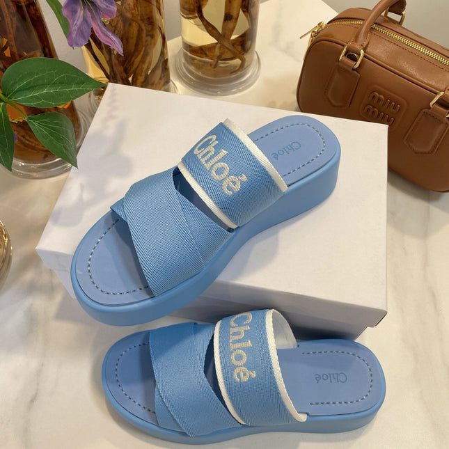 WOODY WEDGE SANDALS IN CERULEAN BLUE CANVAS WITH RUBBER SOLE