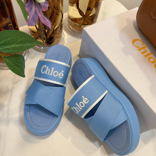 WOODY WEDGE SANDALS IN CERULEAN BLUE CANVAS WITH RUBBER SOLE