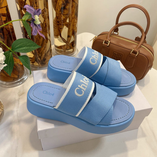 WOODY WEDGE SANDALS IN CERULEAN BLUE CANVAS WITH RUBBER SOLE