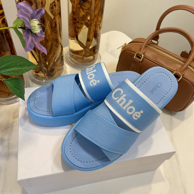 WOODY WEDGE SANDALS IN CERULEAN BLUE CANVAS WITH RUBBER SOLE