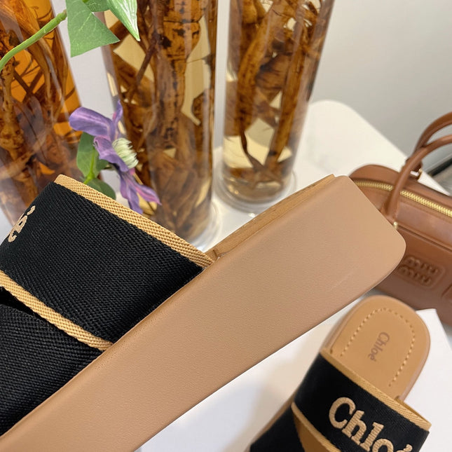 WOODY WEDGE SANDALS IN BLACK CANVAS WITH CIDER BROWN RUBBER SOLE