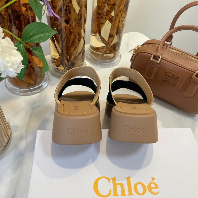 WOODY WEDGE SANDALS IN BLACK CANVAS WITH CIDER BROWN RUBBER SOLE